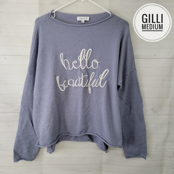 Gilli Sweaters - Medium Gilli Hello Beautiful Blue Grey Sweater Top
